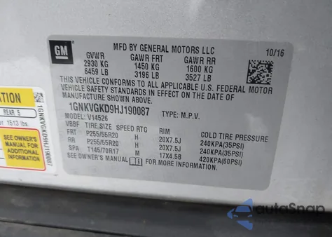 2017 Chevrolet Traverse 1Lt z USA, uszkodzony, nr VIN 1GNKVGKD9HJ190087